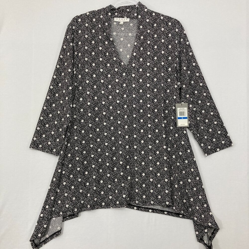 New Chaus size XL Black White Polka Dot Stretch Sharkbite Hem 3/4 Sleeveâ Blouse
